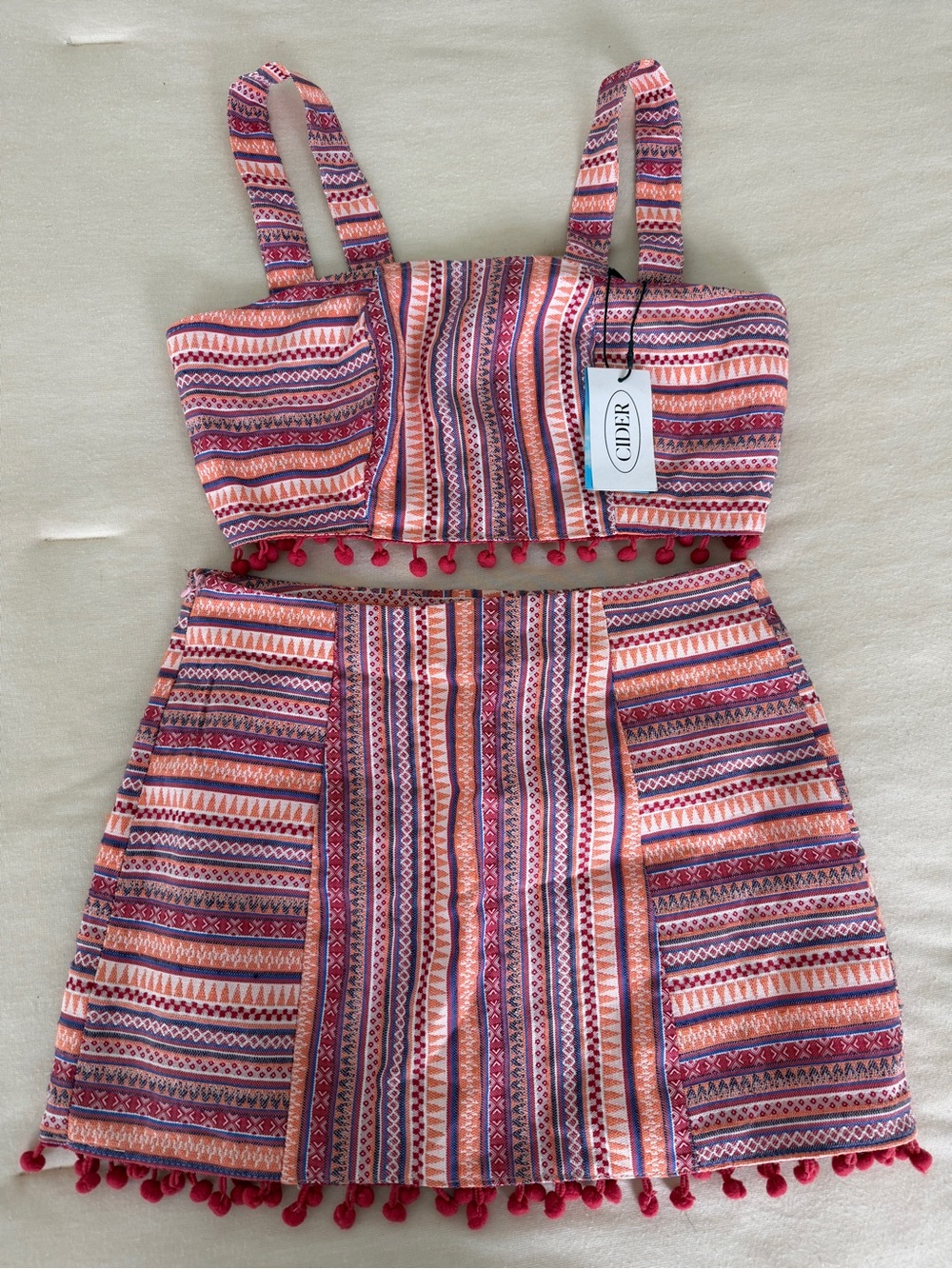 Cider Pink Orange Striped Pom-Pom Two-Piece Dress Set